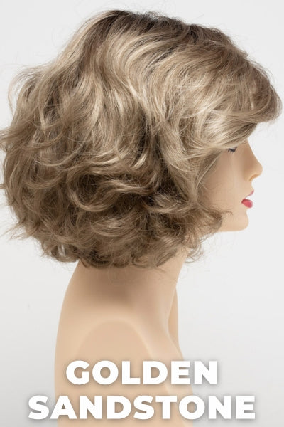 Color Swatch Golden Sandstone for Envy wig Bianca.  Creamy beige blonde and dark blonde blend with dark brown roots.