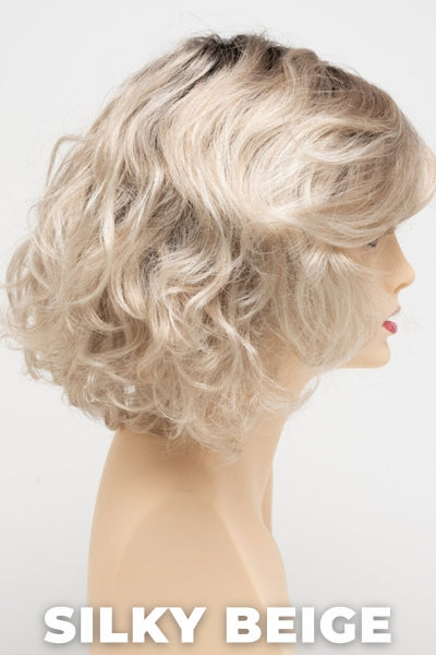 Color Swatch Silky Beige for Envy wig Bianca.  Neutral platinum blonde base with dark brown roots.