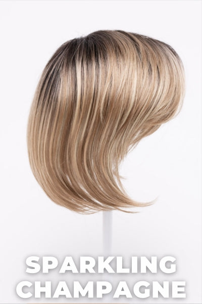 Color Swatch Sparkling Champagne for Envy top piece  Big Bangs.  Golden blonde base with champagne and pale blonde highlights and a chestnut brown rooting.