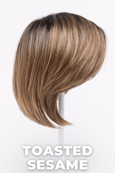 Color Swatch Toasted Sesame for Envy top piece  Big Bangs.  Light brown base with wheat blonde and dark blonde highlights and a chestnut brown rooting.