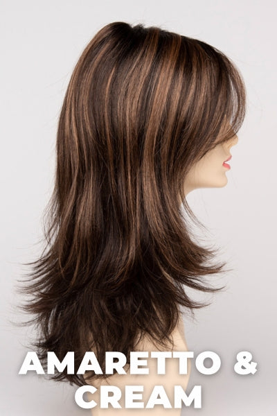 Color Swatch Amaretto & Cream for Envy wig Bobbi.  Medium brown base with dark brown roots and subtle blonde highlights with a gold and red undertone.