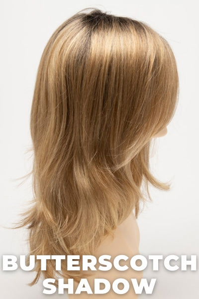 Color Swatch Butterscotch Shadow for Envy wig Bobbi.  A blend of warm blonde with a pale light blonde base, golden undertones and dark brown rooting.