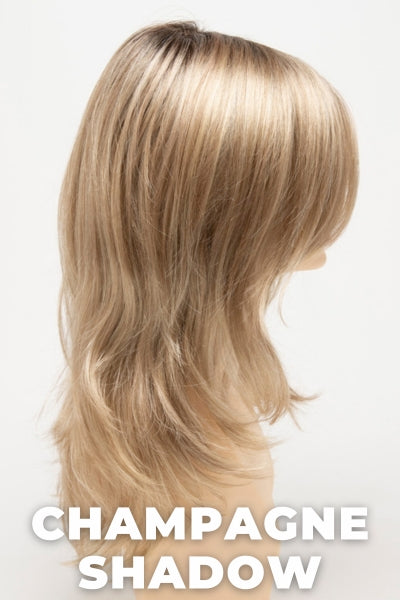 Color Swatch Champagne Shadow for Envy wig Bobbi.  A blend of warm blonde with golden undertones and a pale light blonde base with dark brown rooting.