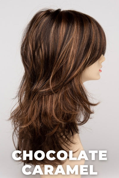 Color Swatch Chocolate Caramel for Envy wig Bobbi. Rich chocolate brown with warm golden chestnut brown highlights.