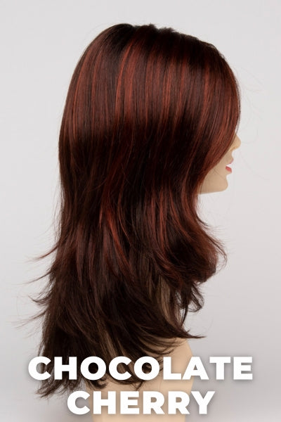 Color Swatch Chocolate Cherry for Envy wig Bobbi.  Medium brown base with subtle red undertones and deep copper and golden brown highlights.