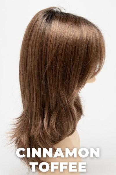 Color Swatch Cinnamon Toffee for Envy wig Bobbi.  Blend of neutral and light golden brown base with rich dark brown rooting.