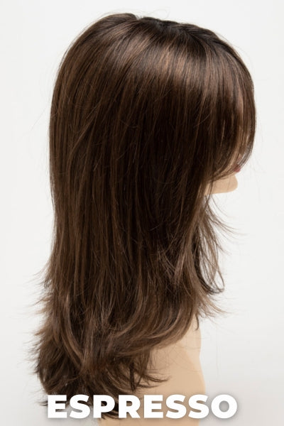 Color Swatch Espresso for Envy wig Bobbi.  Deep multi toned medium brown with cool undertones and dark brown rooting.