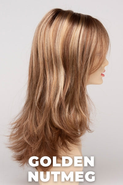 Color Swatch Golden Nutmeg for Envy wig Bobbi.  Medium brown base with a red hue, golden blonde highlights and a rich chocolate brown root.