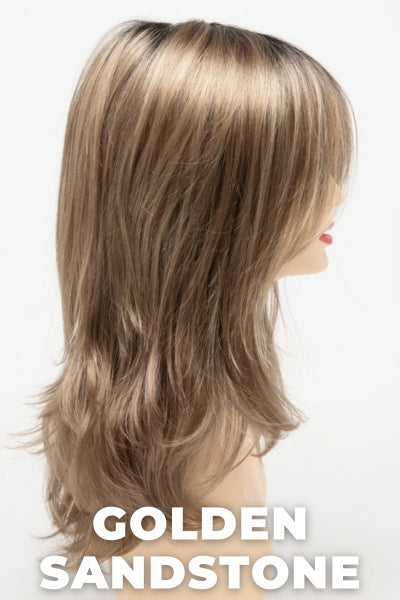 Color Swatch Golden Sandstone for Envy wig Bobbi.  Creamy beige blonde and dark blonde blend with dark brown roots.