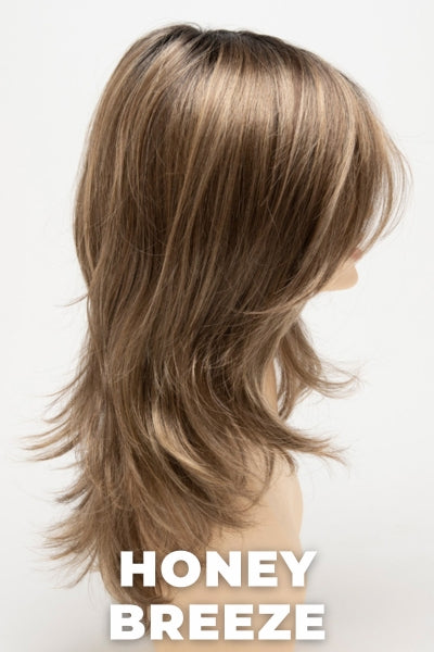 Color Swatch Honey Breeze for Envy wig Bobbi.  A blend of ash blonde, honey blonde and medium rich brown with a dark brown root.