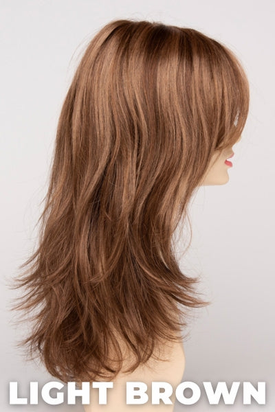 Color Swatch Light Brown for Envy wig Bobbi. Light brown base with warm golden undertones and reddish brown highlights.