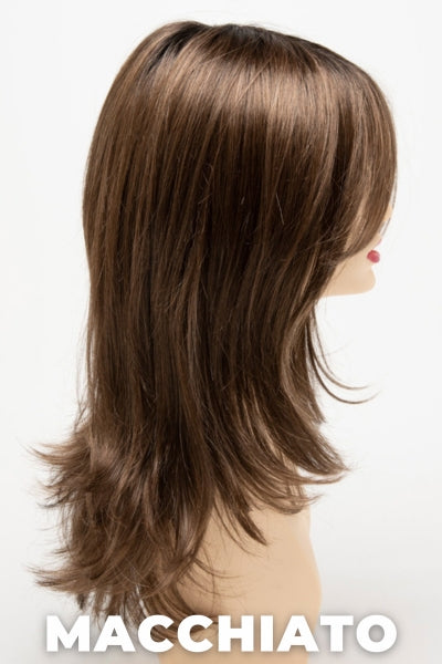 Color Swatch Macchiato for Envy wig Bobbi.  Chestnut brown and a rich warm brown blend and a dark brown root.