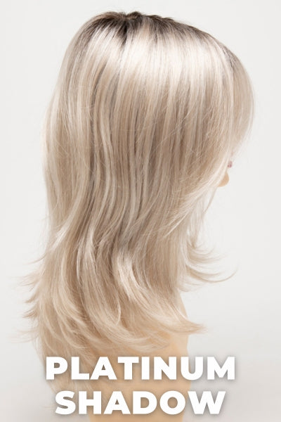 Color Swatch Platinum Shadow for Envy wig Bobbi.  Cool toned platinum blonde base with a dark root.