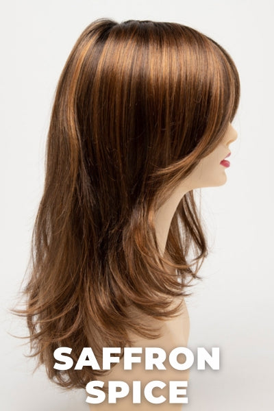 Color Swatch Saffron Spice for Envy wig Bobbi.  Warm reddish brown base blended with bright copper and dark brown roots.