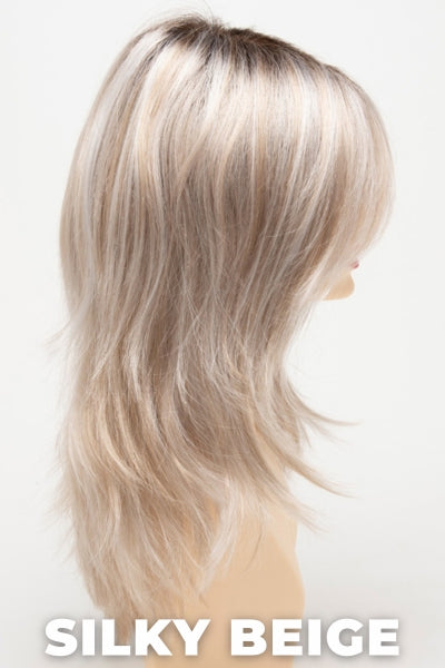 Color Swatch Silky Beige for Envy wig Bobbi.  Neutral platinum blonde base with dark brown roots.