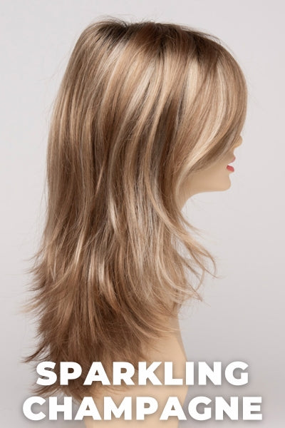 Color Swatch Sparkling Champagne for Envy wig Bobbi.  Golden blonde base with champagne and pale blonde highlights and a chestnut brown rooting.