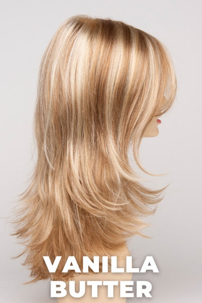 Color Swatch Vanilla Butter for Envy wig Bobbi. Golden blonde base with pale blonde and honey blonde highlights.