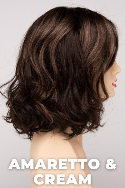 Color Swatch Amaretto & Cream for Envy wig Brittaney.  Medium brown base with dark brown roots and subtle blonde highlights with a gold and red undertone.