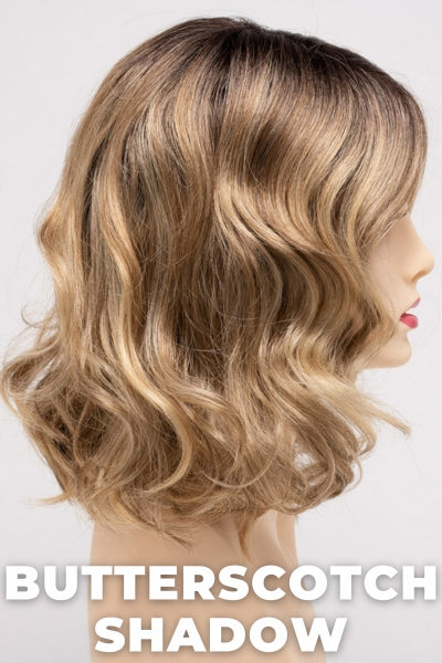 Color Swatch Butterscotch Shadow for Envy wig Brittaney.  A blend of warm blonde with a pale light blonde base, golden undertones and dark brown rooting.
