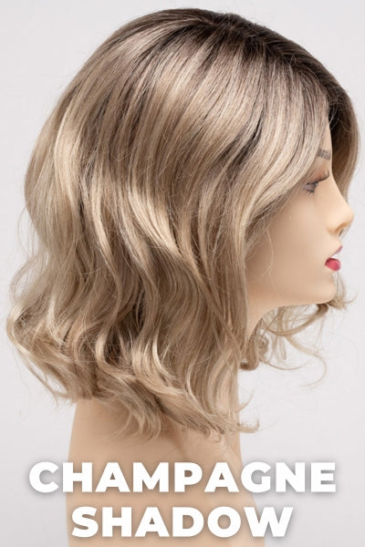 Color Swatch Champagne Shadow for Envy wig Brittaney.  A blend of warm blonde with golden undertones and a pale light blonde base with dark brown rooting.