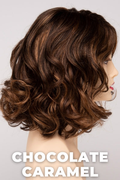 Color Swatch Chocolate Caramel for Envy wig Brittaney. Rich chocolate brown with warm golden chestnut brown highlights.