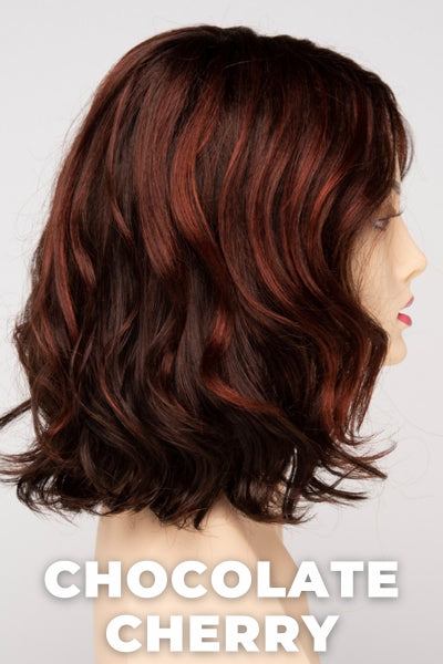 Color Swatch Chocolate Cherry for Envy wig Brittaney.  Medium brown base with subtle red undertones and deep copper and golden brown highlights.