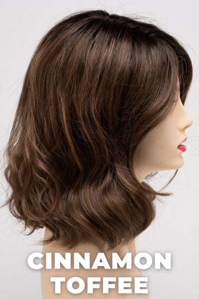 Color Swatch Cinnamon Toffee for Envy wig Brittaney.  Blend of neutral and light golden brown base with rich dark brown rooting.