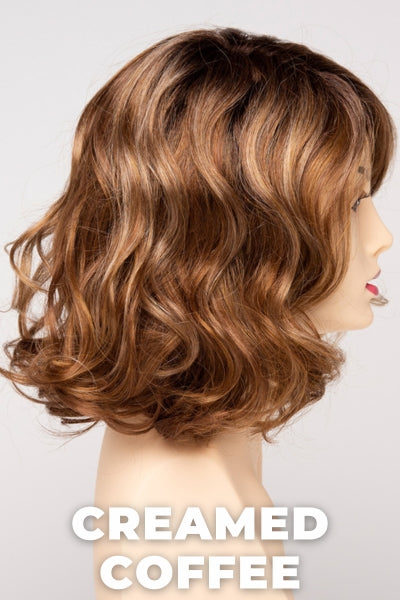 Color Swatch Creamed Coffee for Envy wig Brittaney.  Rich brown base with a warm Mahogony and copper brown with strawberry blonde dimensions.