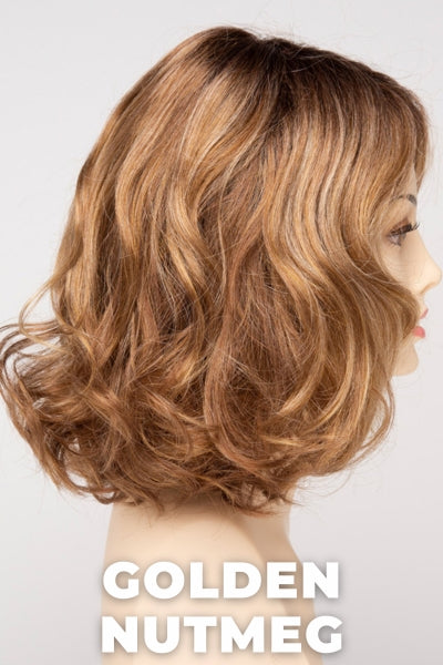 Color Swatch Golden Nutmeg for Envy wig Brittaney.  Medium brown base with a red hue, golden blonde highlights and a rich chocolate brown root.