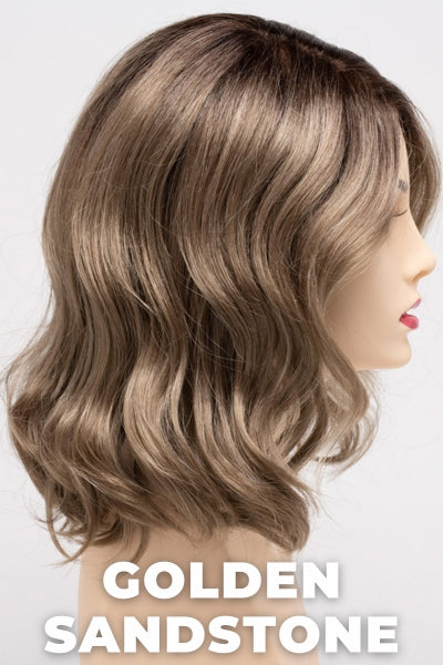 Color Swatch Golden Sandstone for Envy wig Brittaney.  Creamy beige blonde and dark blonde blend with dark brown roots.