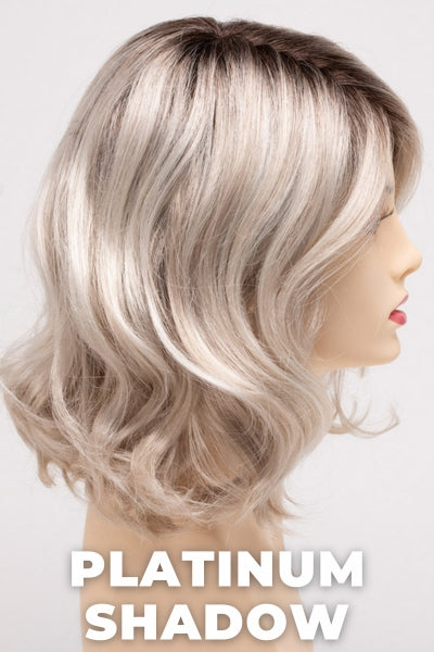 Color Swatch Platinum Shadow for Envy wig Brittaney.  Cool toned platinum blonde base with a dark root.