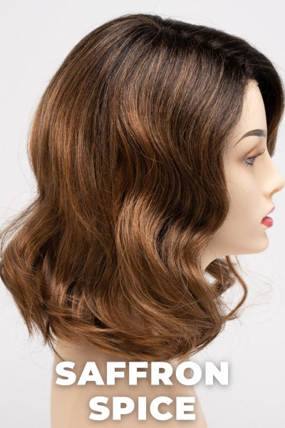 Color Swatch Saffron Spice for Envy wig Brittaney.  Warm reddish brown base blended with bright copper and dark brown roots.