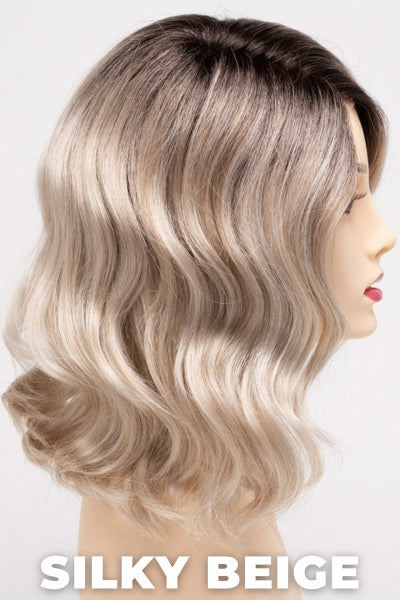 Color Swatch Silky Beige for Envy wig Brittaney.  Neutral platinum blonde base with dark brown roots.