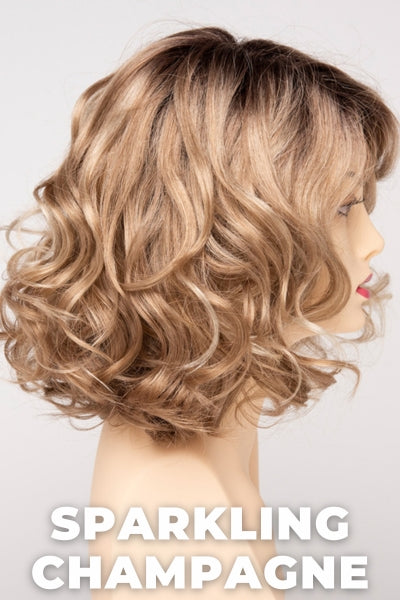 Color Swatch Sparkling Champagne for Envy wig Brittaney.  Golden blonde base with champagne and pale blonde highlights and a chestnut brown rooting.