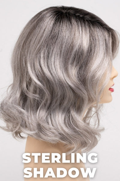 Color Swatch Sterling Shadow for Envy wig Brittaney.  A blend of salt and pepper grey with dark brown roots.