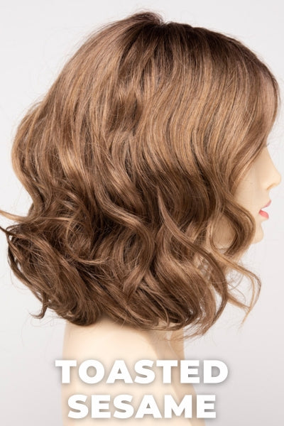 Color Swatch Toasted Sesame for Envy wig Brittaney.  Light brown base with wheat blonde and dark blonde highlights and a chestnut brown rooting.