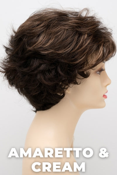 Color Swatch Amaretto & Cream for Envy wig Bryn.  Medium brown base with dark brown roots and subtle blonde highlights with a gold and red undertone.