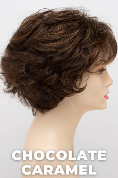 Color Swatch Chocolate Caramel for Envy wig Bryn. Rich chocolate brown with warm golden chestnut brown highlights.