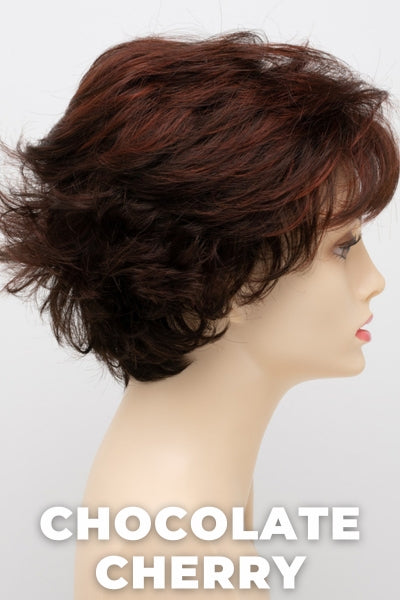 Color Swatch Chocolate Cherry for Envy wig Bryn.  Medium brown base with subtle red undertones and deep copper and golden brown highlights.