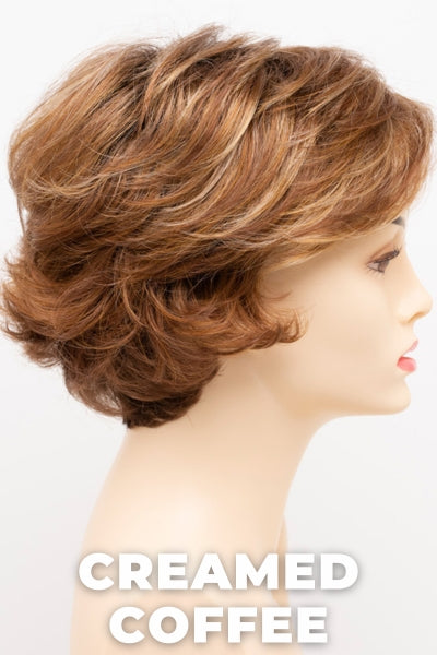 Color Swatch Creamed Coffee for Envy wig Bryn.  Rich brown base with a warm Mahogony and copper brown with strawberry blonde dimensions.