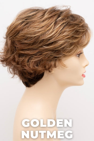 Color Swatch Golden Nutmeg for Envy wig Bryn.  Medium brown base with a red hue, golden blonde highlights and a rich chocolate brown root.