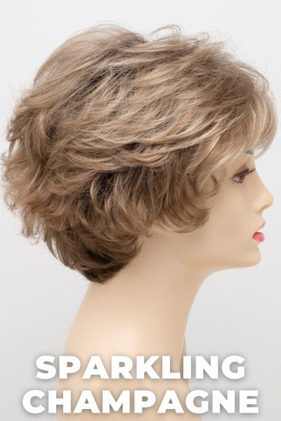 Color Swatch Sparkling Champagne for Envy wig Bryn.  Golden blonde base with champagne and pale blonde highlights and a chestnut brown rooting.