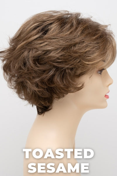 Color Swatch Toasted Sesame for Envy wig Bryn.  Light brown base with wheat blonde and dark blonde highlights and a chestnut brown rooting.