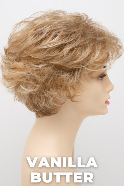 Color Swatch Vanilla Butter for Envy wig Bryn. Golden blonde base with pale blonde and honey blonde highlights.
