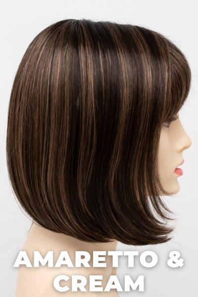 Color Swatch Amaretto & Cream for Envy wig Carley.  Medium brown base with dark brown roots and subtle blonde highlights with a gold and red undertone.