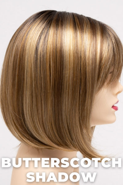 Color Swatch Butterscotch Shadow for Envy wig Carley.  A blend of warm blonde with a pale light blonde base, golden undertones and dark brown rooting.