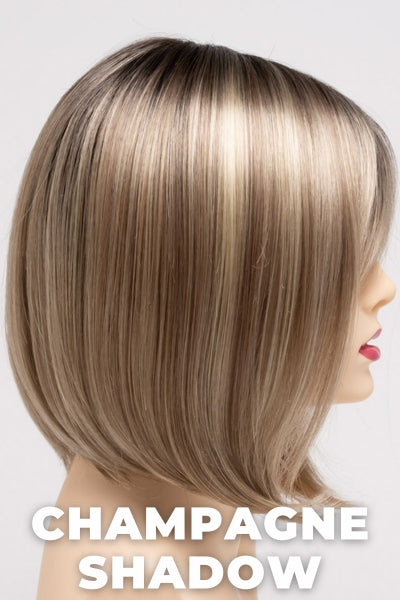 Color Swatch Champagne Shadow for Envy wig Carley.  A blend of warm blonde with golden undertones and a pale light blonde base with dark brown rooting.