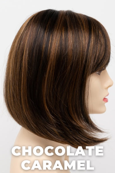 Color Swatch Chocolate Caramel for Envy wig Carley. Rich chocolate brown with warm golden chestnut brown highlights.