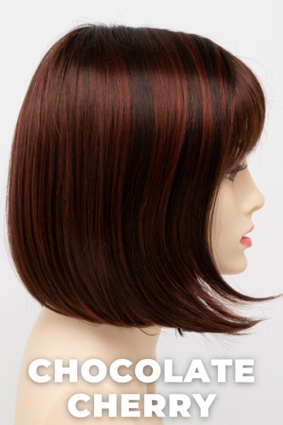 Color Swatch Chocolate Cherry for Envy wig Carley.  Medium brown base with subtle red undertones and deep copper and golden brown highlights.