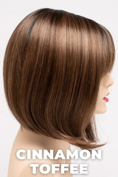 Color Swatch Cinnamon Toffee for Envy wig Carley.  Blend of neutral and light golden brown base with rich dark brown rooting.